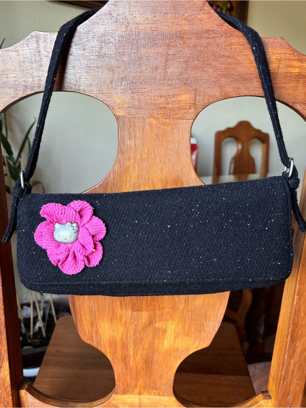 Sanrio Black Shoulder Clutch with Pink Flower Accent
